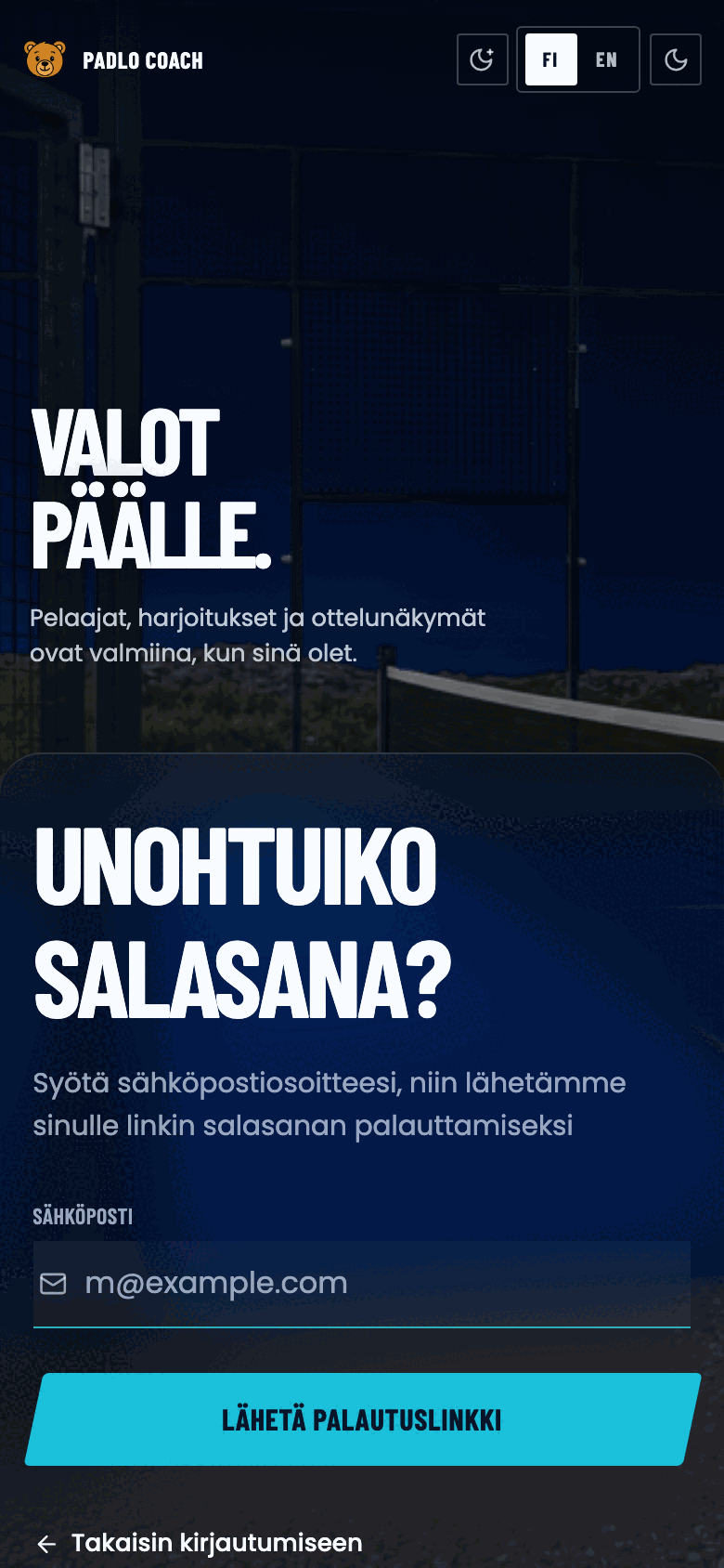 Unohtuiko salasana -sivu, jossa yksi sähköpostikenttä.
