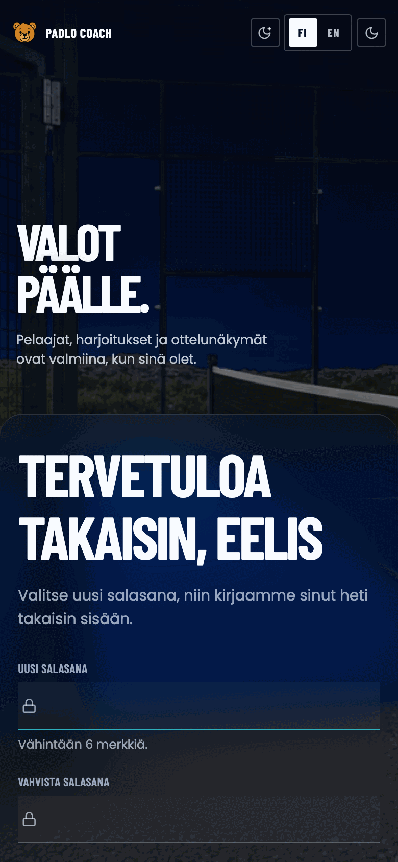 Palautussivu, jossa tervehdys nimellä ja kaksi salasanakenttää.