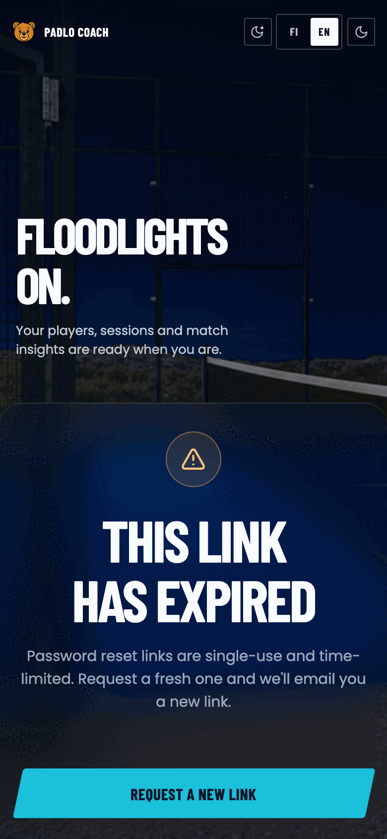 This link has expired screen with a Request a new link button.