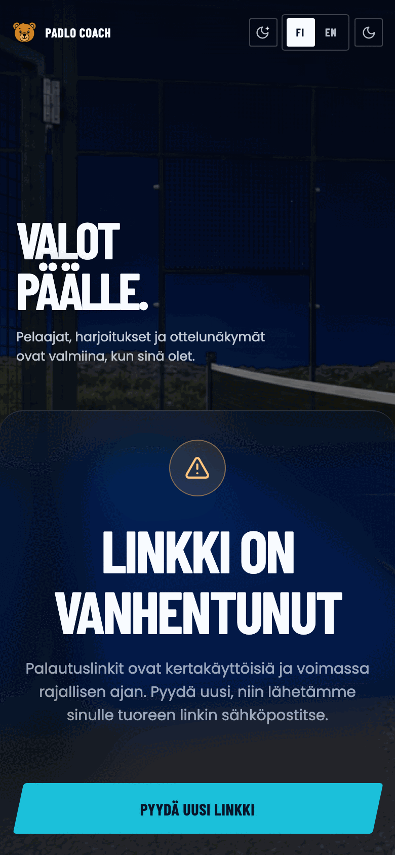 Linkki on vanhentunut -näkymä ja painike Pyydä uusi linkki.