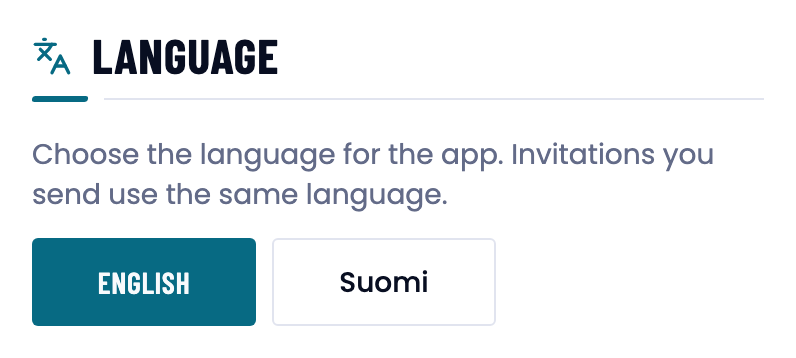 The Language section of Settings with English selected.