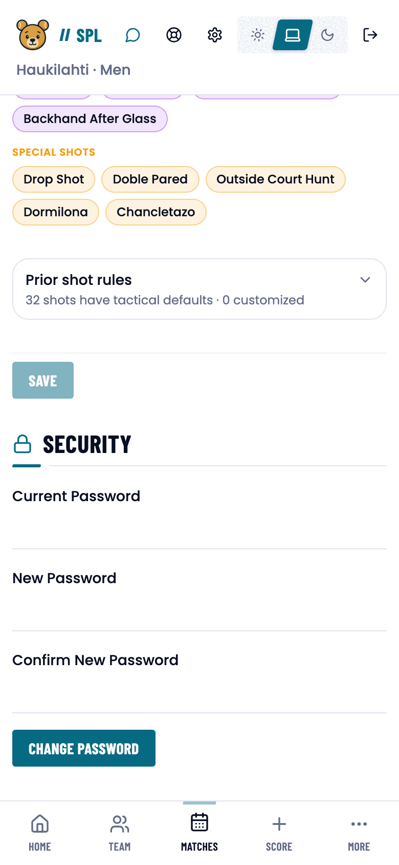 The Security section of Settings with three password fields.
