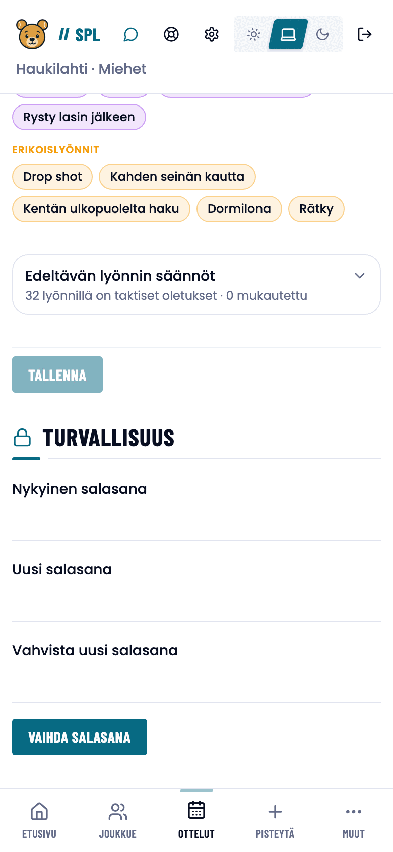 Asetusten Turvallisuus-osio kolmella salasanakentällä.