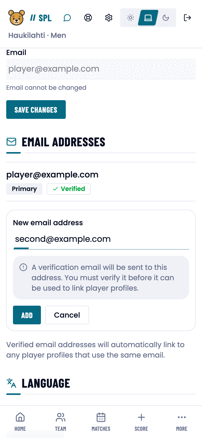 Add email address form in Settings.