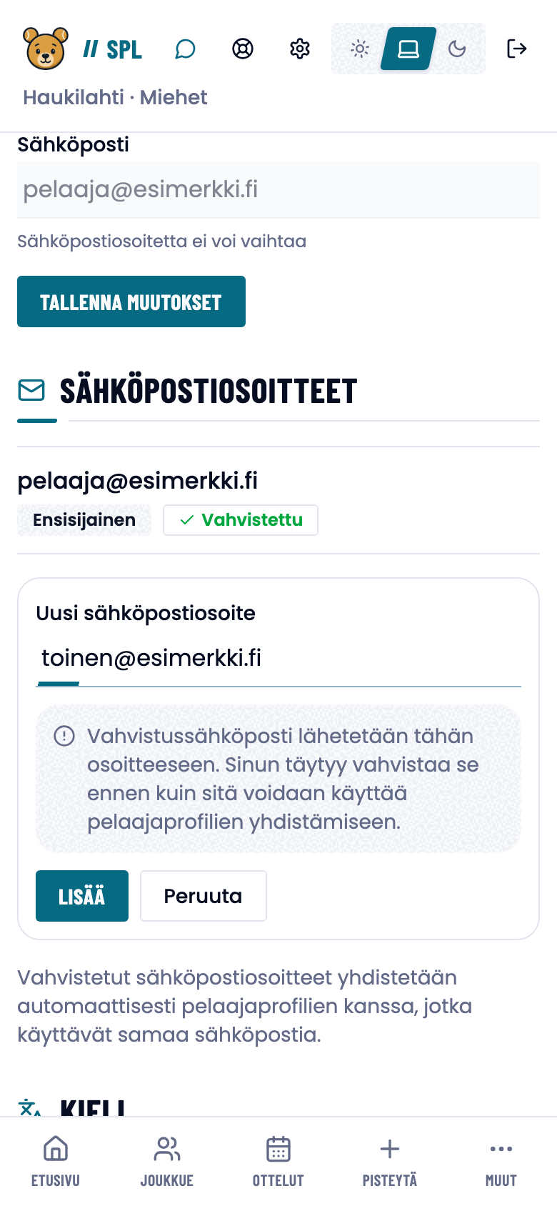 Lisää sähköpostiosoite -lomake asetuksissa.