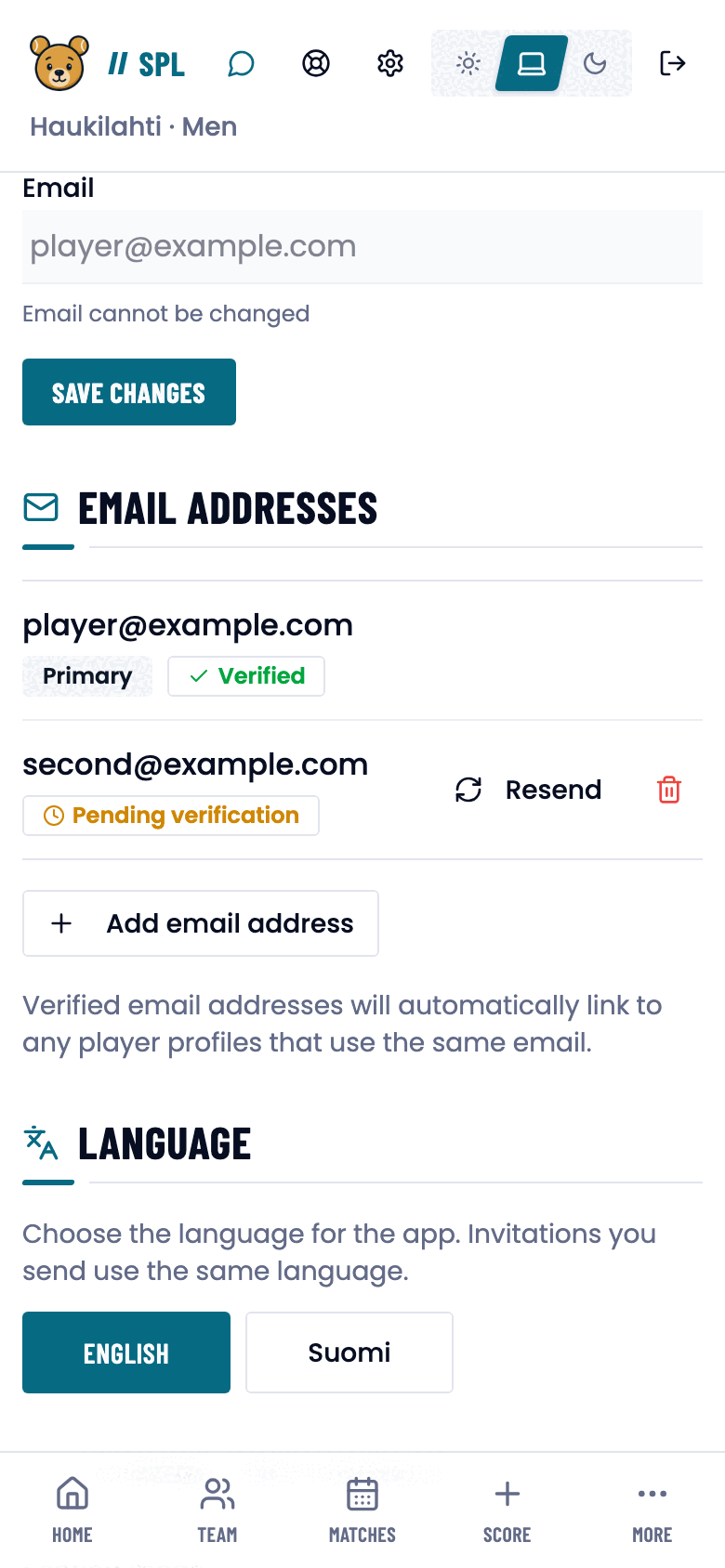 Email address list with a second address pending verification.