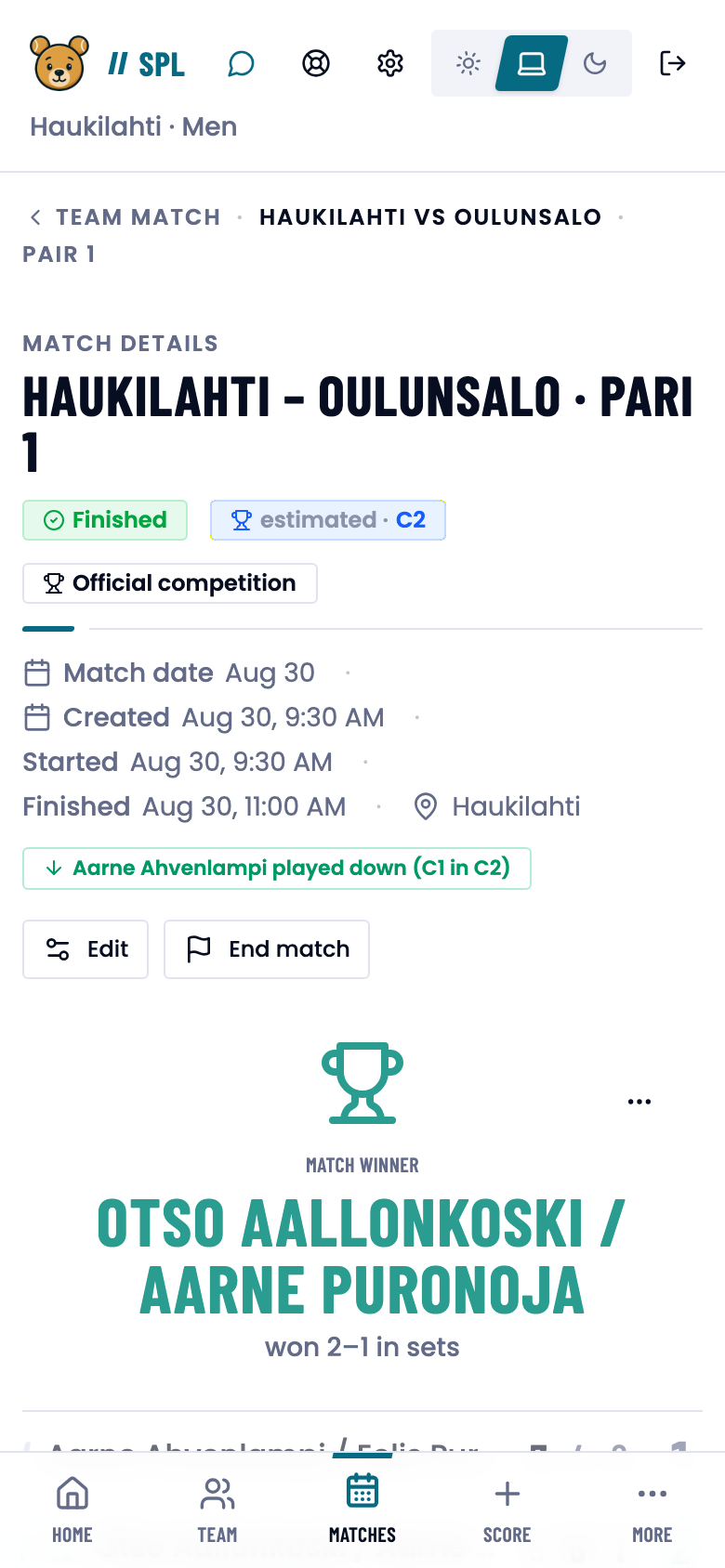 A finished match header: winner, set scores and the stats tabs.