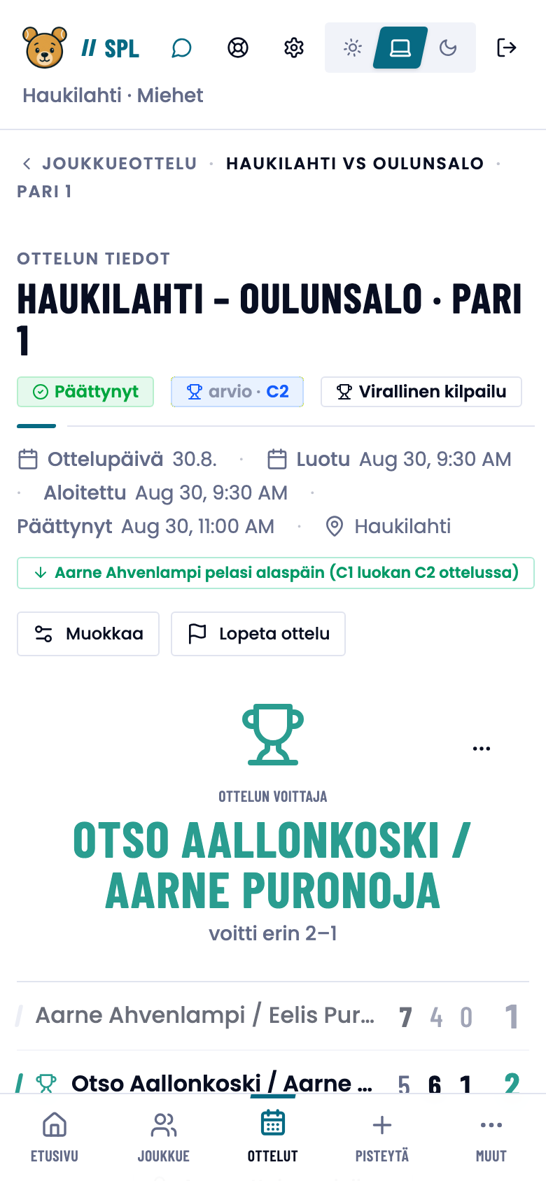 Päättyneen ottelun otsikko: voittaja, erätulokset ja tilastovälilehdet.