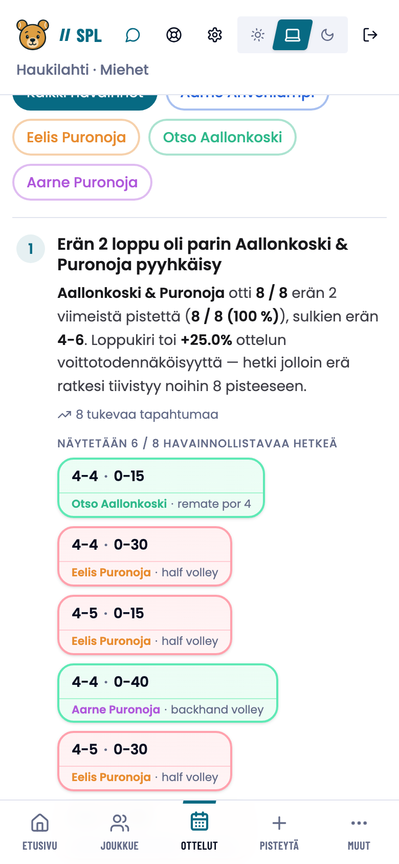 Havainnot-välilehti ja ensimmäinen havainto ja sen tukevat tapahtumat.