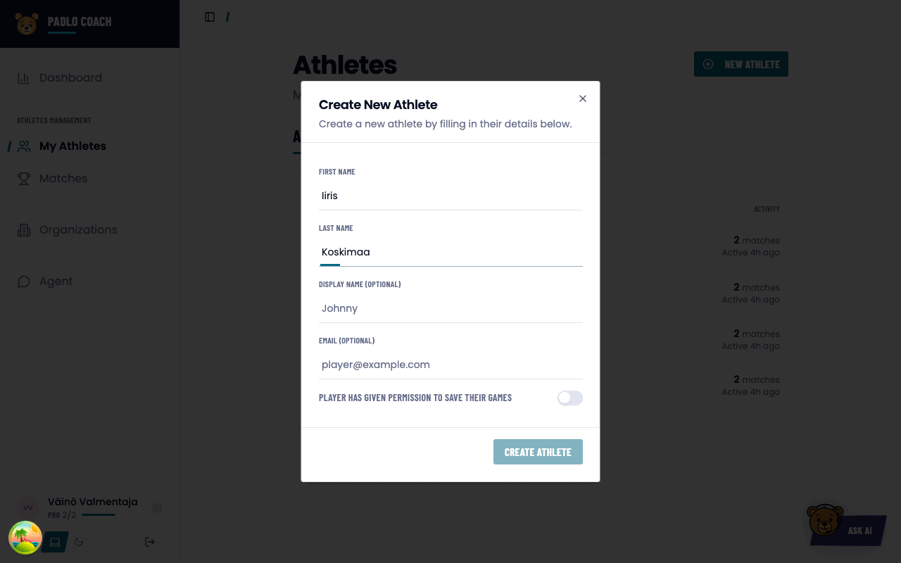 The Create New Athlete dialog without consent