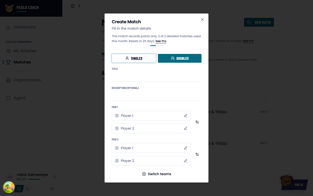 The first page of the create-match wizard