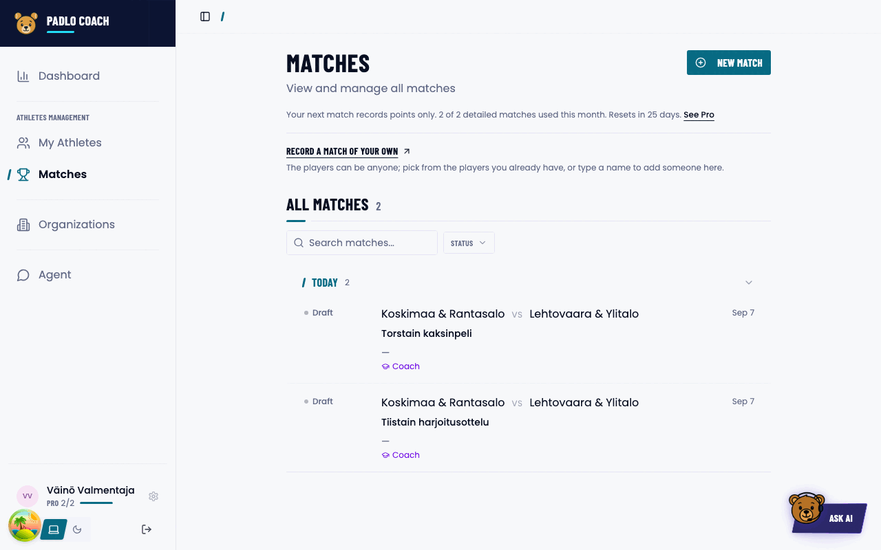 The Matches page and its entry point