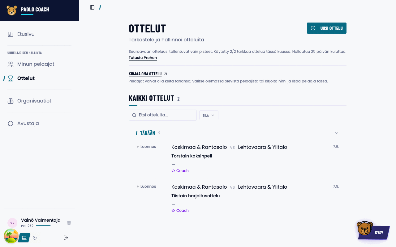 Ottelut-sivu ja painike Uusi ottelu