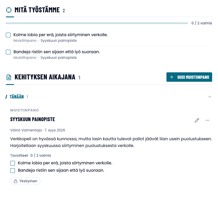 Kehityksen aikajana ja avoimet tavoitteet