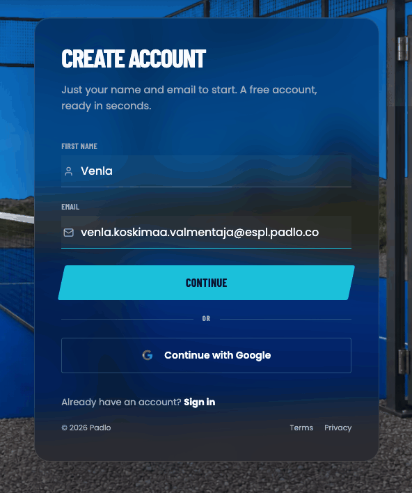The sign-up form with a first name and an email address filled in