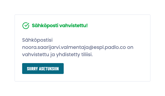 Vahvistussivu, joka kertoo osoitteen liittyneen tiliin