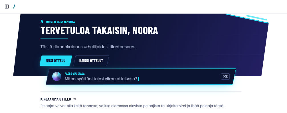 Valmentajan etusivu ja linkki Kirjaa oma ottelu