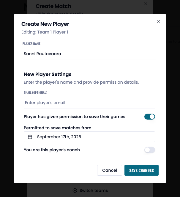 The Create New Player dialog with the permission switch turned on