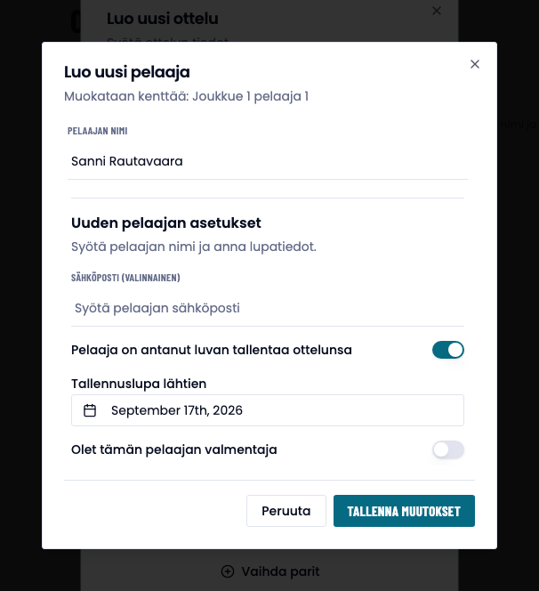 Luo uusi pelaaja -ikkuna, jossa lupakytkin on päällä