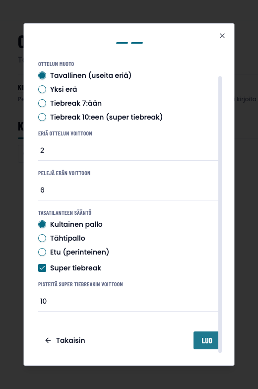 Luo uusi ottelu -ikkunan toinen sivu oletusasetuksillaan