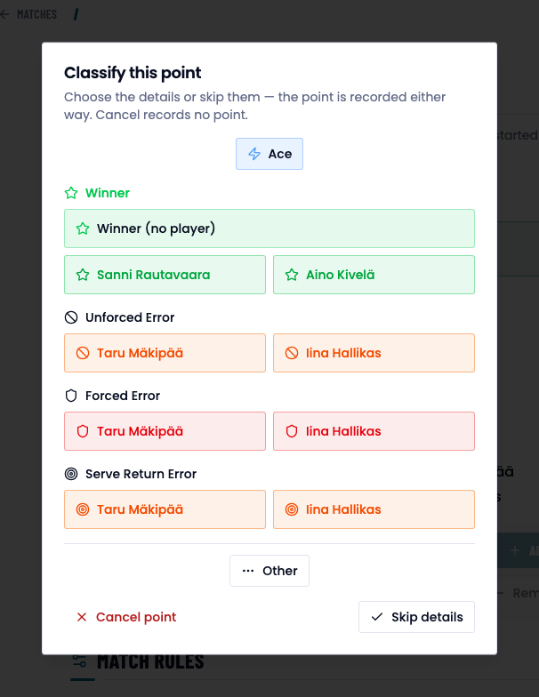 The Classify this point dialog with one tap per point type and player