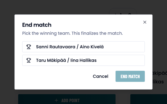 The End match dialog asking which pair won