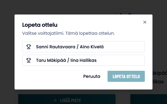 Lopeta ottelu -ikkuna, jossa valitaan voittajapari