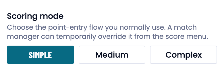 The Scoring mode setting with three buttons, Simple selected.