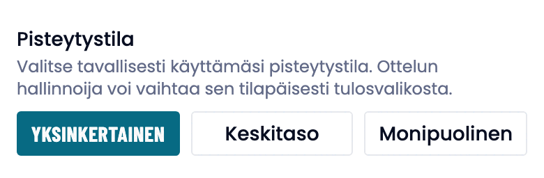 Asetusten Pisteytystila-valinta kolmella painikkeella, joista Yksinkertainen on valittuna.