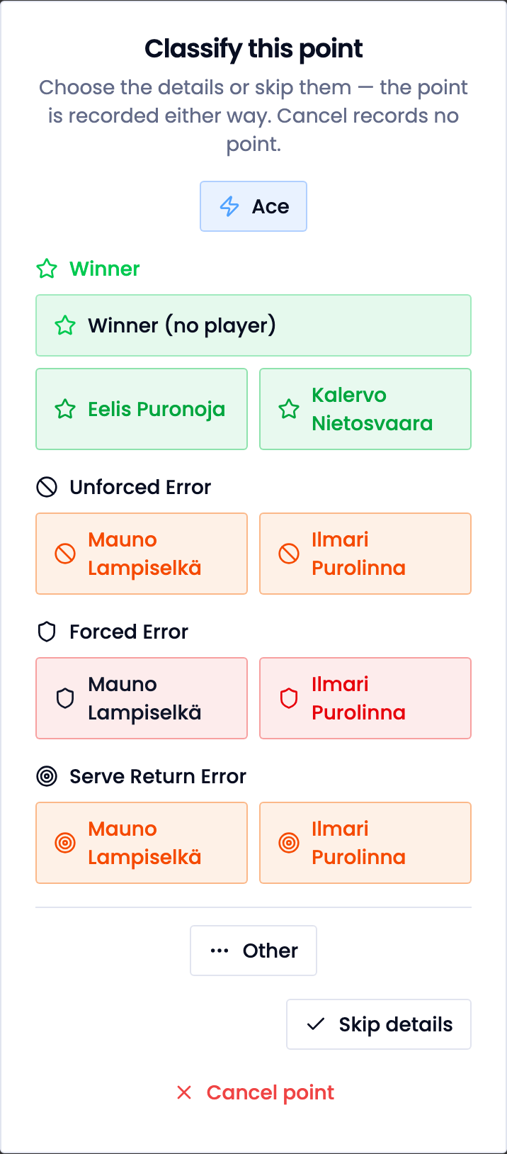 The Classify this point dialog: ace, winner and errors by player in a single grid.