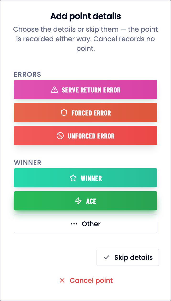 The Add point details dialog: errors and winner as separate groups.