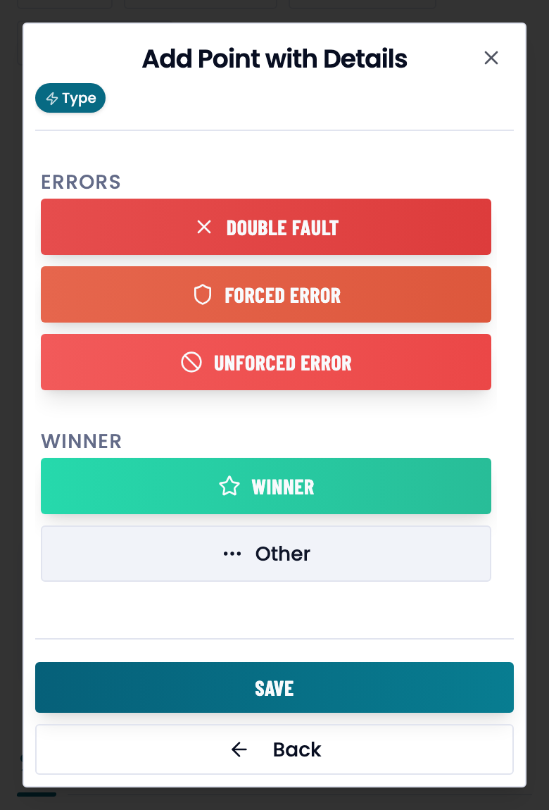 The Add Point with Details dialog: the step path and the point-type choice.