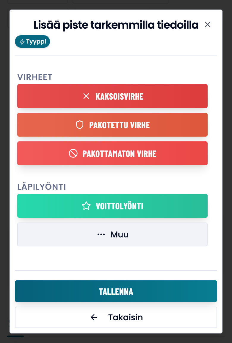 Lisää piste tarkemmilla tiedoilla -ikkuna: vaiheet ja pistetyypin valinta.