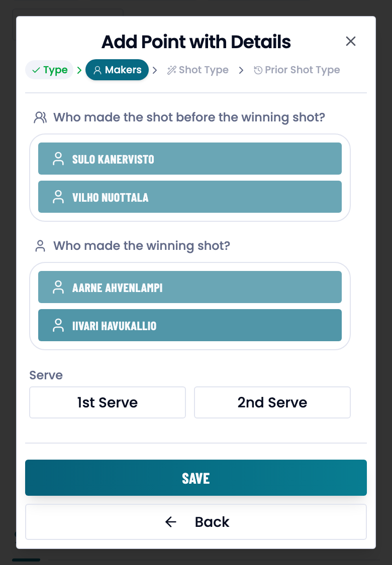 The wizard's Makers step: who played before the winner, who made the winner, and the serve number.