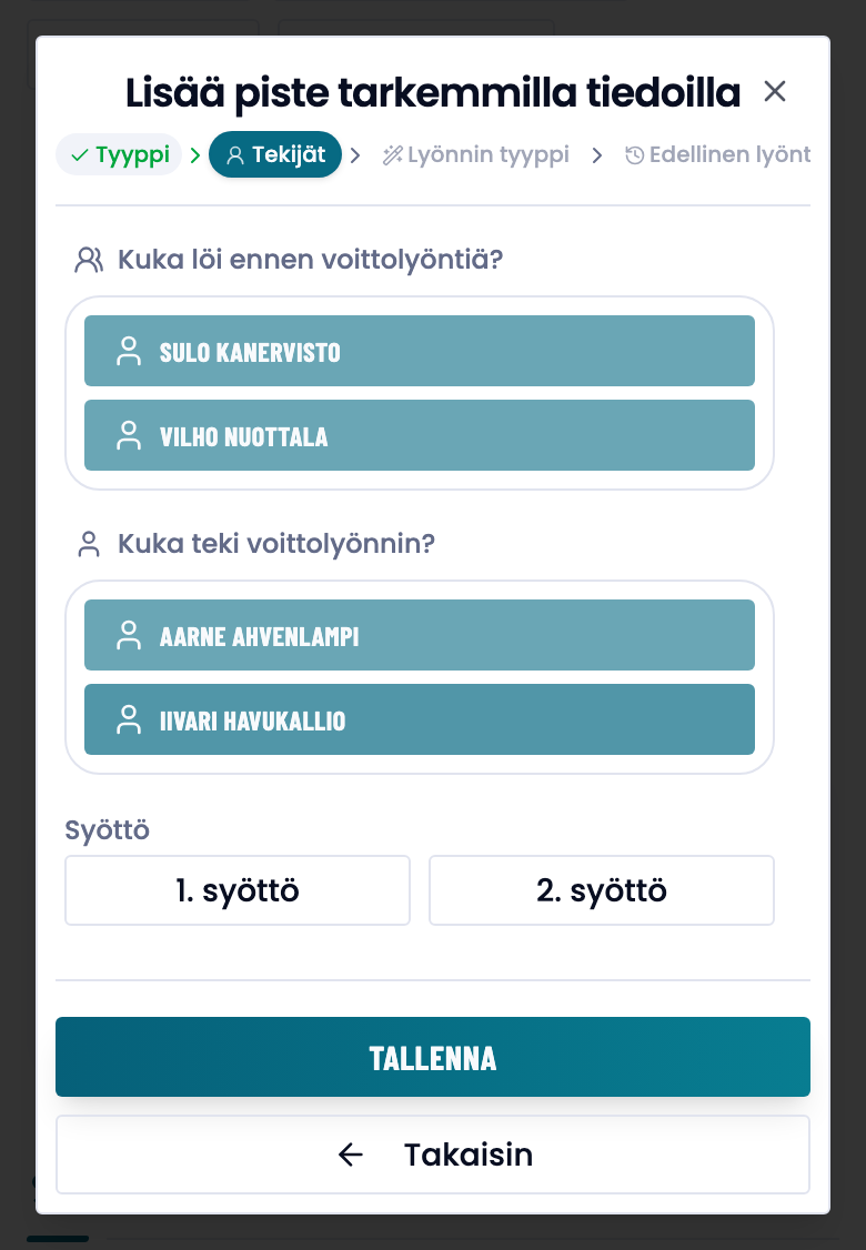 Tekijät-vaihe: kuka löi ennen voittolyöntiä, kuka teki voittolyönnin ja syöttönumero.