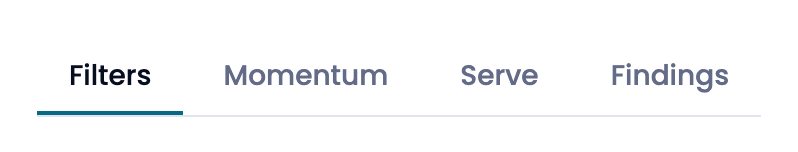 A simple match's analysis tabs: filters, momentum, serve and findings.