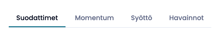 Yksinkertaisen ottelun analyysivälilehdet: suodattimet, momentum, syöttö ja havainnot.