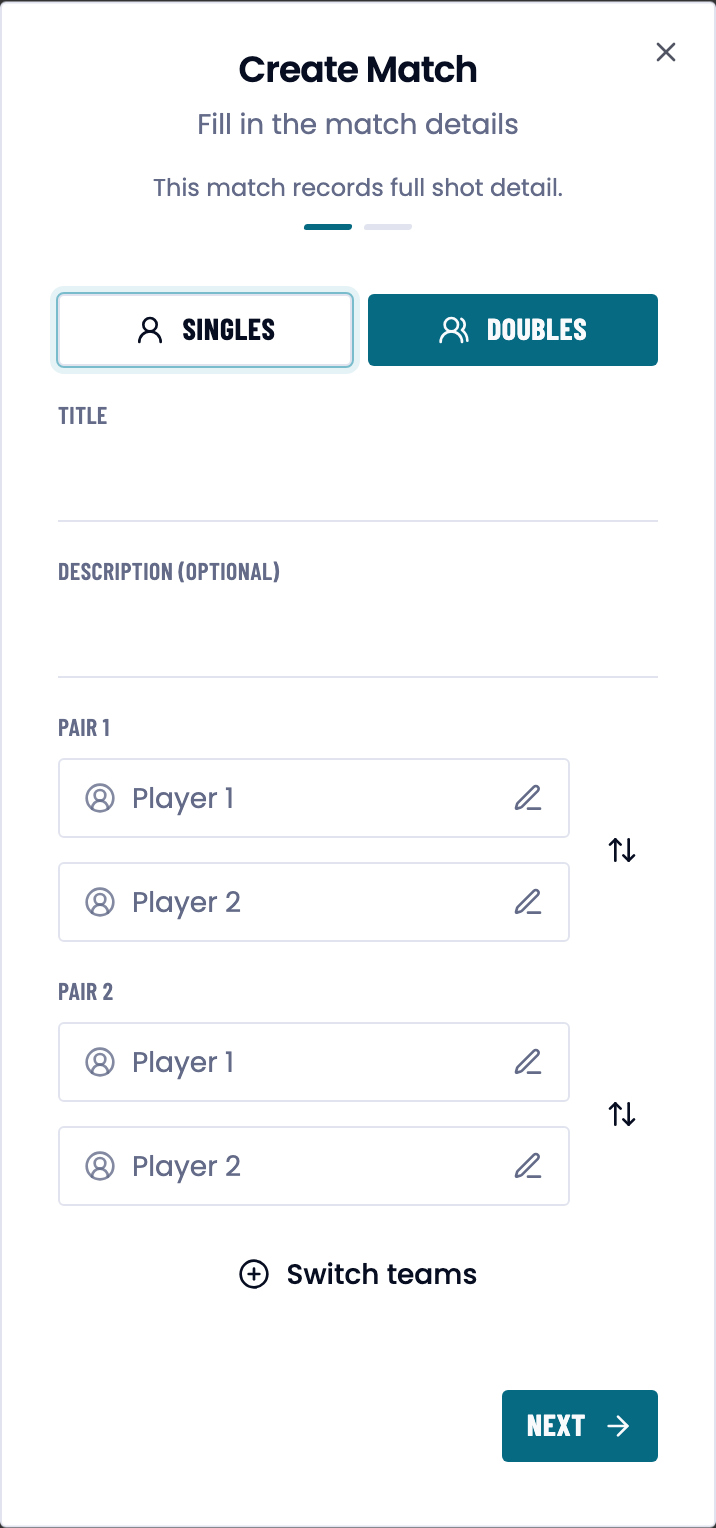The own-match form, with a line under the heading saying the match records full shot detail.