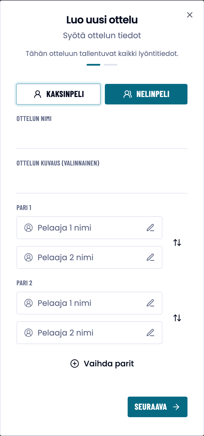 Oman ottelun lomake, jonka otsikon alla lukee että otteluun tallentuvat kaikki lyöntitiedot.