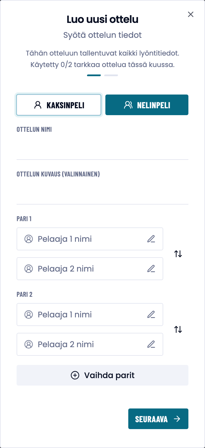 Oman ottelun lomake, jonka rivillä lukee lisäksi käytetty 0/2 tarkkaa ottelua tässä kuussa.