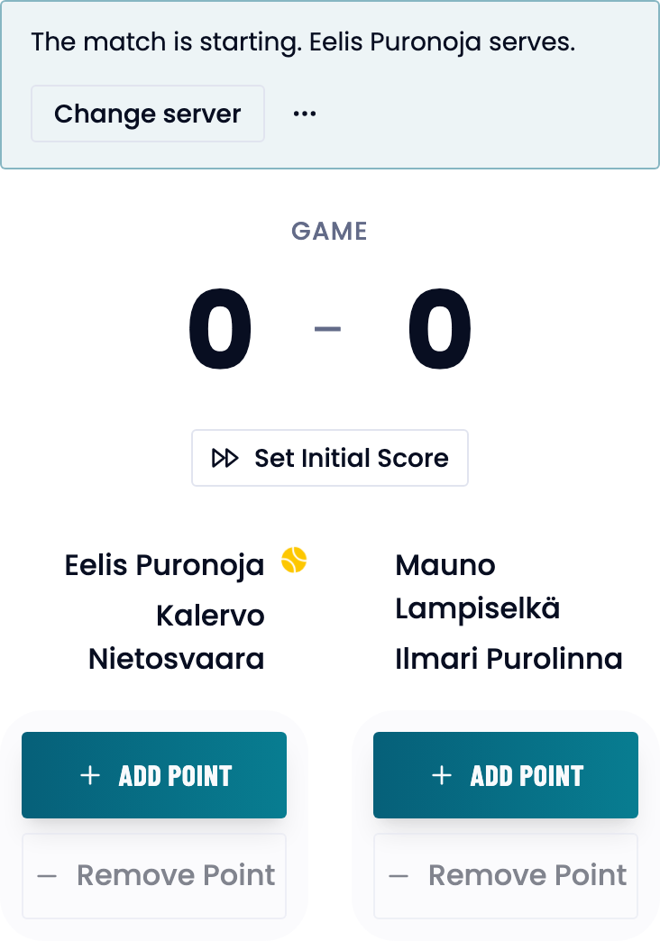 The score view at the start of a set: the server row, the game score 0–0, Set Initial Score, and both pairs' Add point and Remove Point.