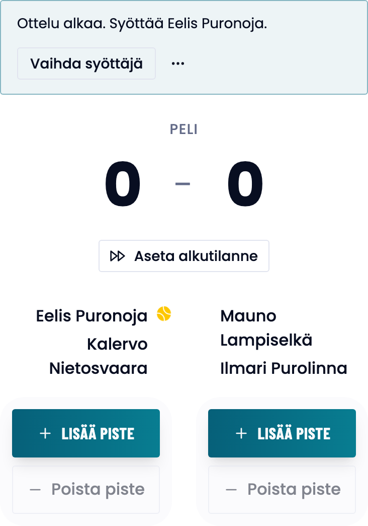 Pistenäkymä erän alussa: syöttäjärivi, pelitilanne 0–0, Aseta alkutilanne sekä molempien parien Lisää piste ja Poista piste.