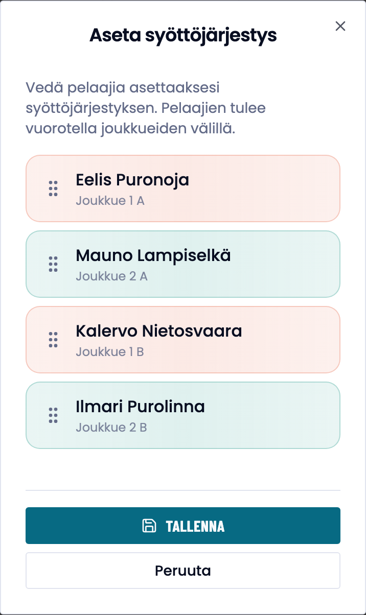 Aseta syöttöjärjestys -ikkuna: neljä pelaajaa vedettävinä riveinä ja ohje vuorottelusta.