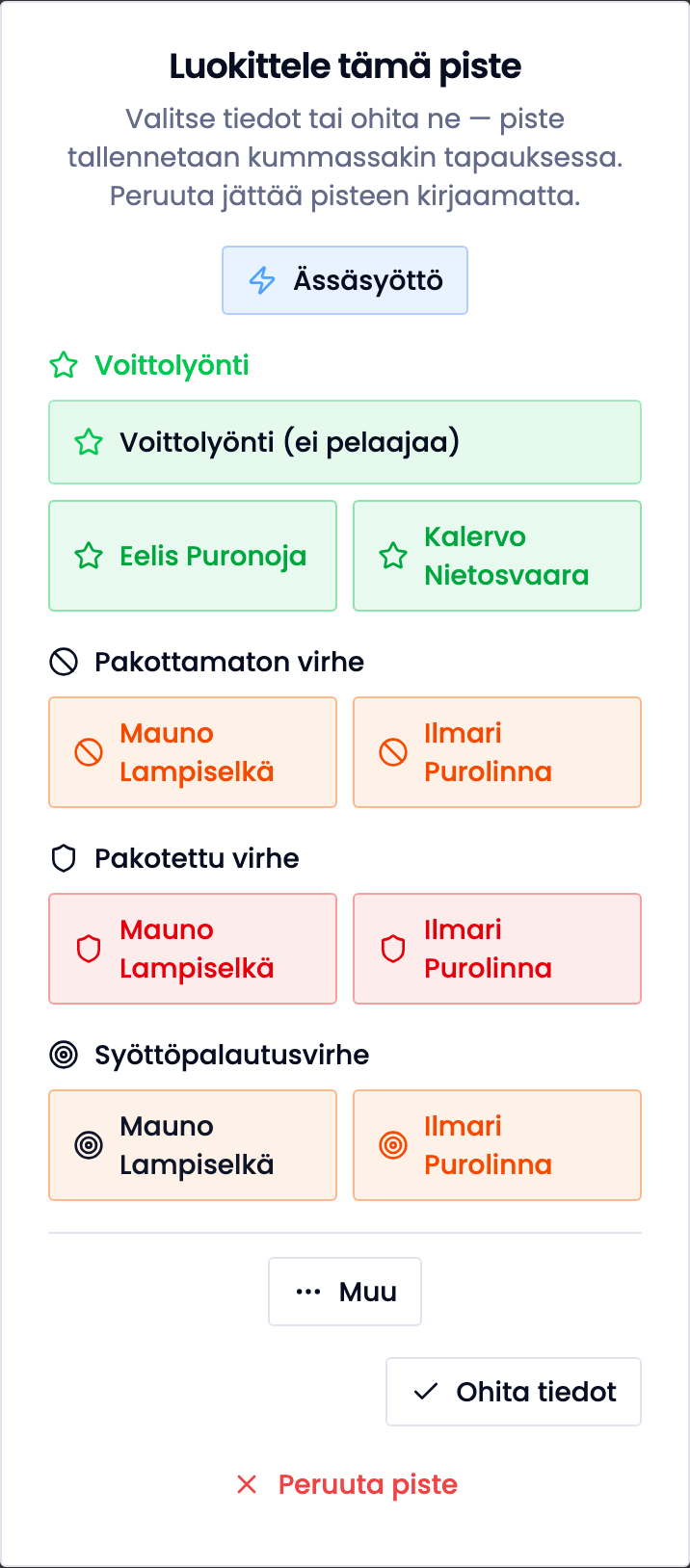 Piste-ikkuna: Luokittele tämä piste, ässäsyöttö, voittolyönti ja virheet pelaajittain.