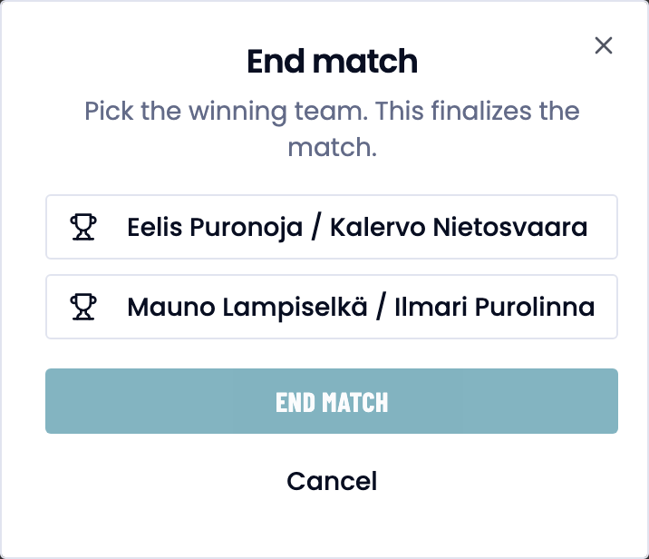 The End match dialog: pick the winning team.