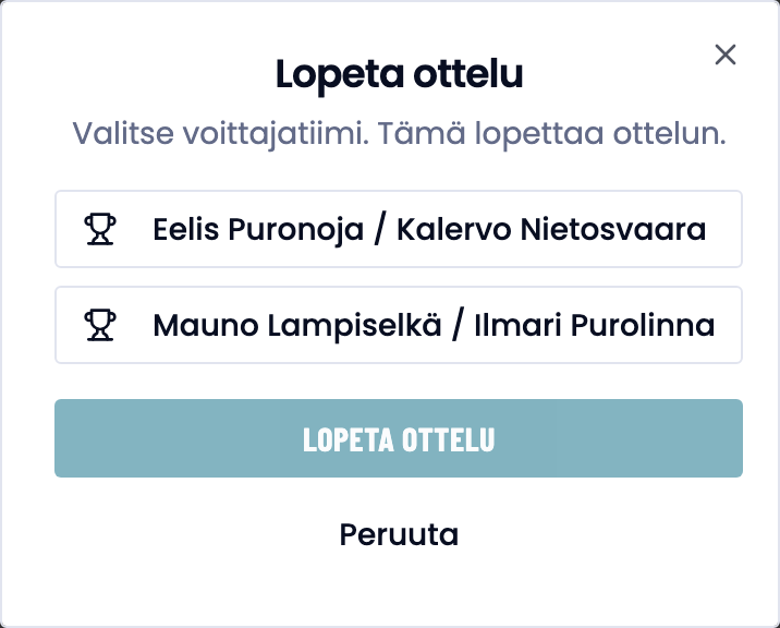 Lopeta ottelu -ikkuna: valitse voittajapari.