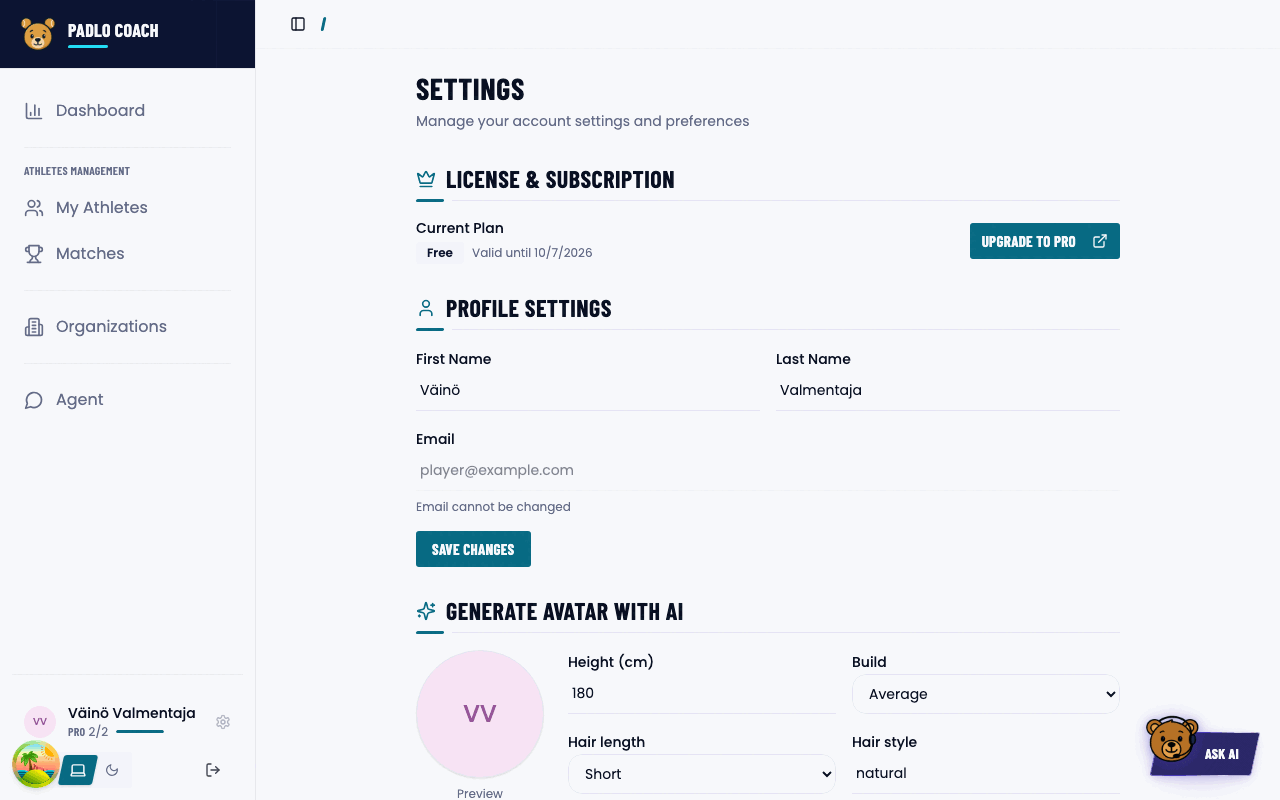 The top of the settings page