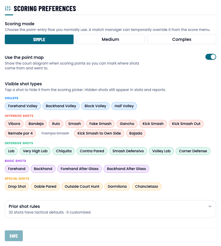The scoring preferences section