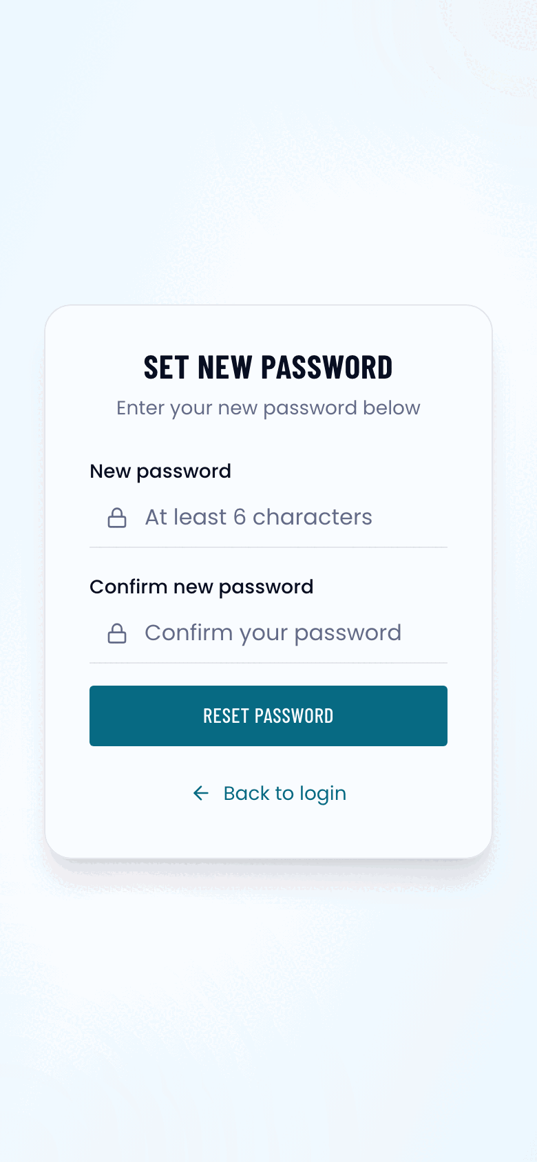 Set new password screen on a phone: two password fields and a Reset password button.