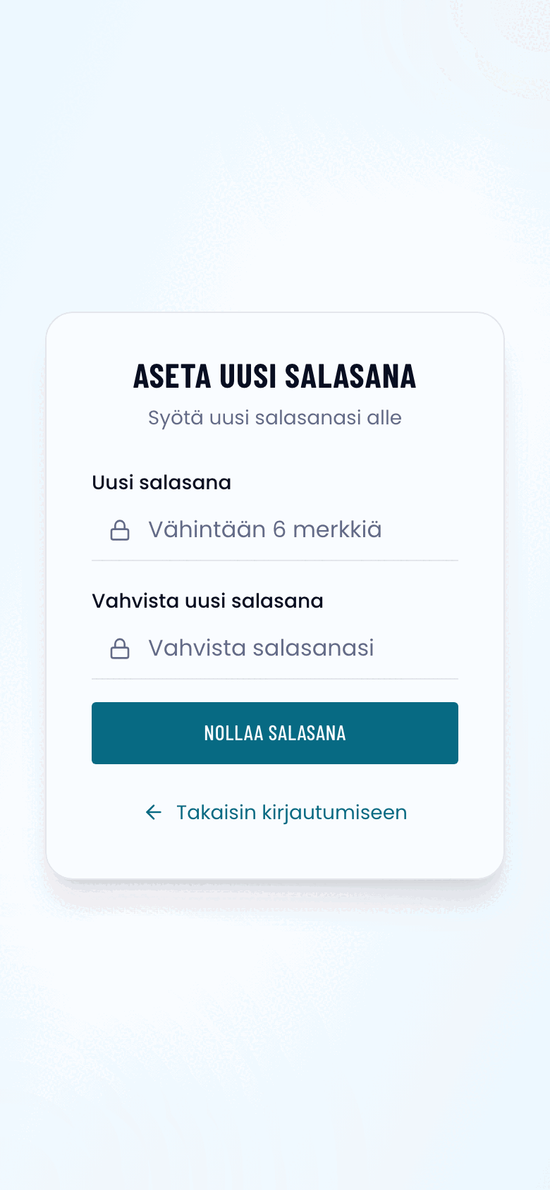 Aseta uusi salasana -näkymä puhelimella: kaksi salasanakenttää ja Nollaa salasana -painike.